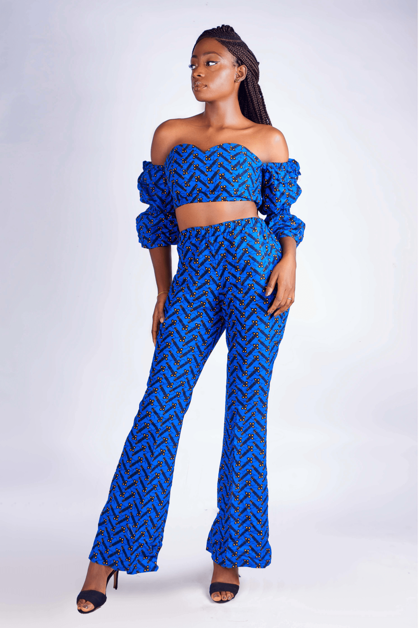 Pantalon LILOU taille haute en wax bleu – imprimé africain fait main - makomie